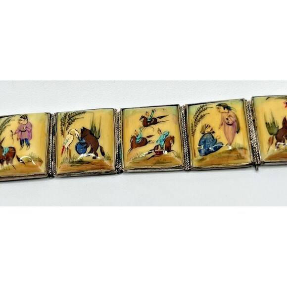 Vintage Persian Bone Hand Painted RARE 10 Panel Story Bracelet 7 1/4 - Picture 1 of 14